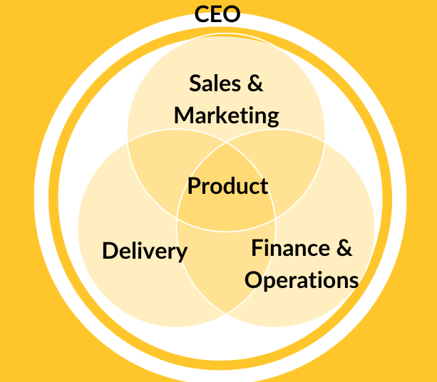 Management of staff - CEO, Sales and Marketing, Delivery and Finance and operations with product in the centre